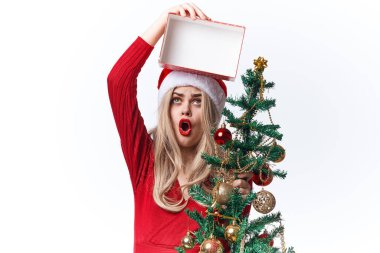 Ellerinde Noel ağacı olan bir kadın Noel tatili duygularını sunar.