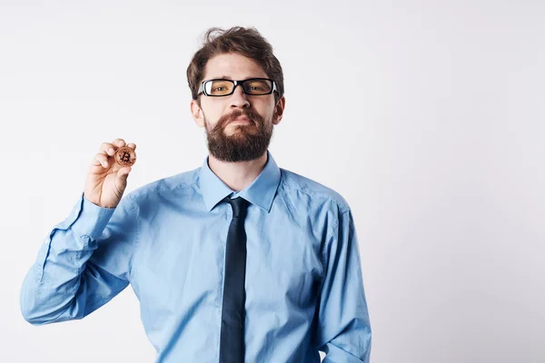 Bearded Man Glasses Cryptocurrency Bitcoin — Stock Photo, Image