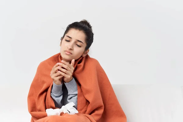 Unhealthy Woman Covered Blanket Sits Couch Tea — Stockfoto