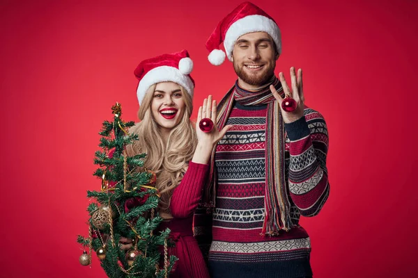 Bonito jovem casal segurando Natal árvore brinquedos decoração vermelho fundo — Fotografia de Stock