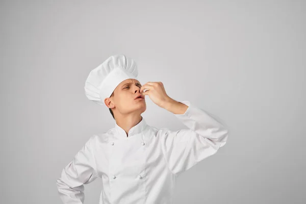 Chef di sesso maschile gesticolando con emozione mano ristorante gourmet professionale — Foto Stock