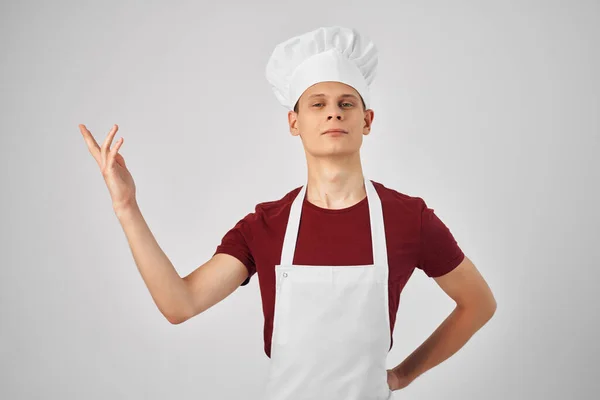 Férfi szakács ruhák gesztikulál kezével szakmai munka — Stock Fotó