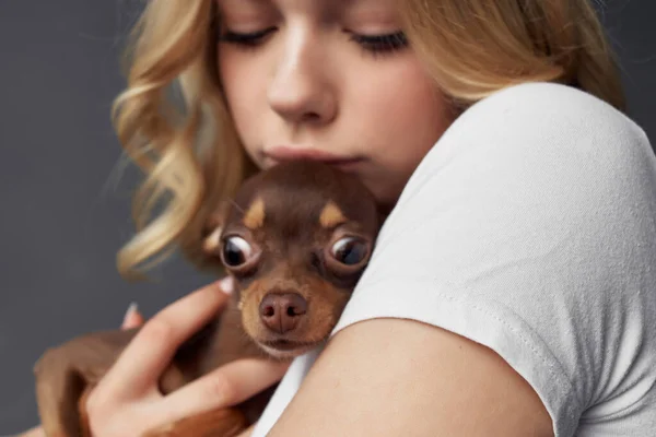 Femme Blonde Avec Petit Chien Studio Sur Fond Isolé Photo — Photo