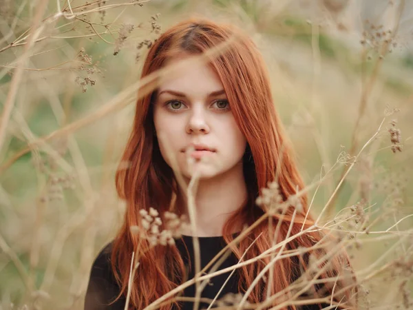 Aranyos vörös hajú nő fű mező nyári természet — Stock Fotó