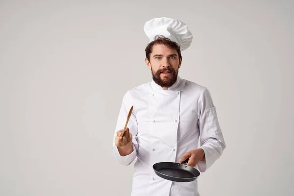 Chef Com Uma Panela Ato Fritar Mãos Cozinhar — Fotografia de Stock