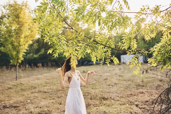 Mulher em um campo perto de uma árvore em uma natureza florestal — Fotografia de Stock