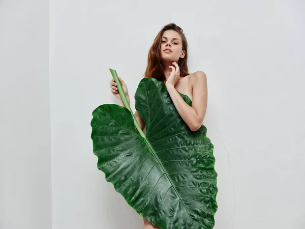 Vacker kvinna attraktiv utseende palmblad täcker naken kropp — Stockfoto