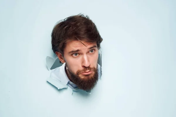 Bearded Man Breaks Wall Background — Stock Photo, Image