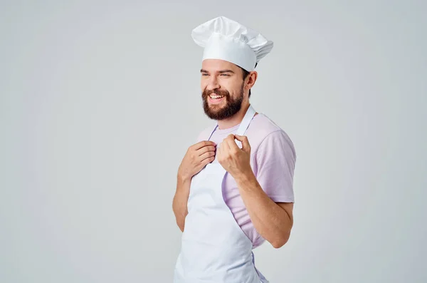 Man Chef Kok Uniform Professionele Chef Poseren Lichte Achtergrond Hoge — Stockfoto