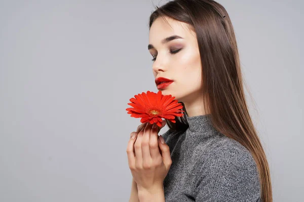 Bonita morena con flor roja brillante modelo de maquillaje — Foto de Stock