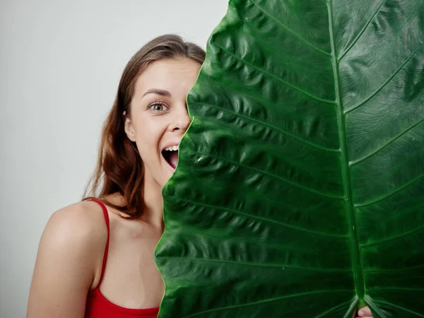 Mujer alegre en traje de baño rojo gran hoja verde vista recortada —  Fotos de Stock