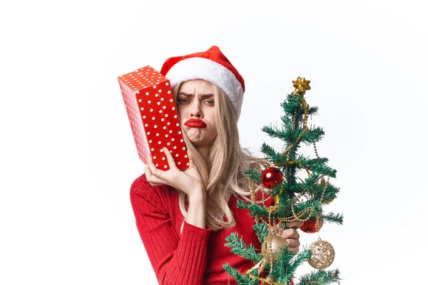 Mujer con sombrero de santa regalo vacaciones estilo de vida tradición Navidad —  Fotos de Stock