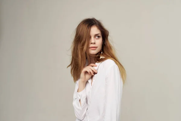 Attractive woman with red hair decoration glamor white shirt — Stock Photo, Image