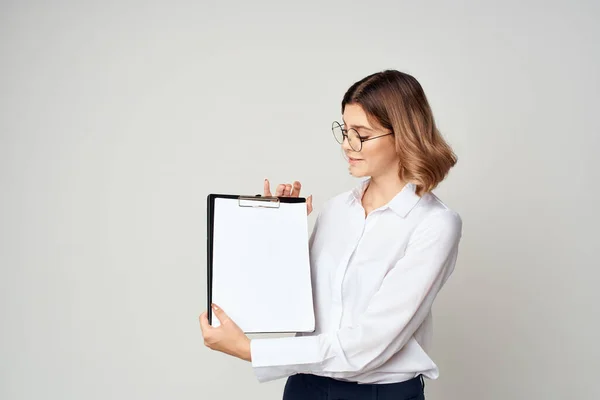 Woman in white shirt work documents official professional — Stock Photo, Image