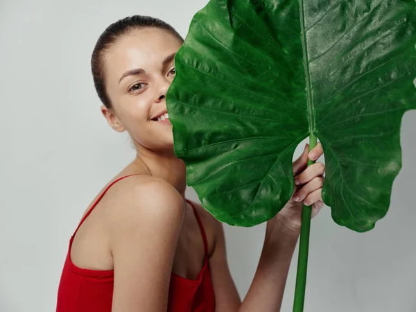 Mulher bonita em um maiô folha verde em mãos close-up — Fotografia de Stock