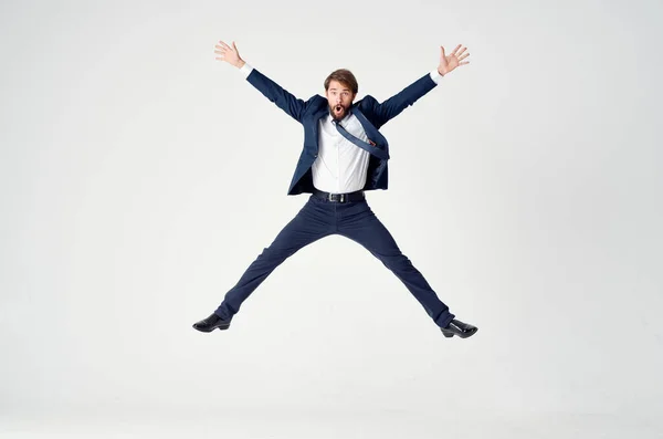 Business man in suit emotions jump joy — Stock Photo, Image
