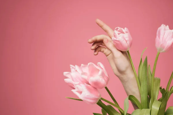 Букет рожевих квітів Жінка руки крупним планом рожевий фон романтика — стокове фото