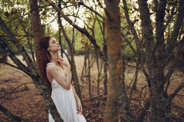 Woman in white dress leaning on a tree forest walk leisure. High quality photo