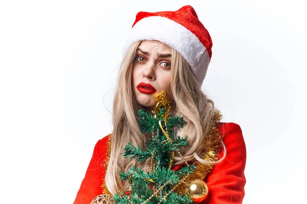 Vidám nő télapó jelmezben egy karácsonyfát tart a kezében. — Stock Fotó