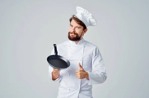 Uomo Uniforme Chef Con Cottura Padella — Foto Stock