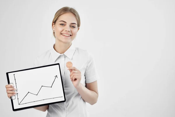 Cheerful Woman White Shirt Cryptocurrency Coin — Stock Photo, Image