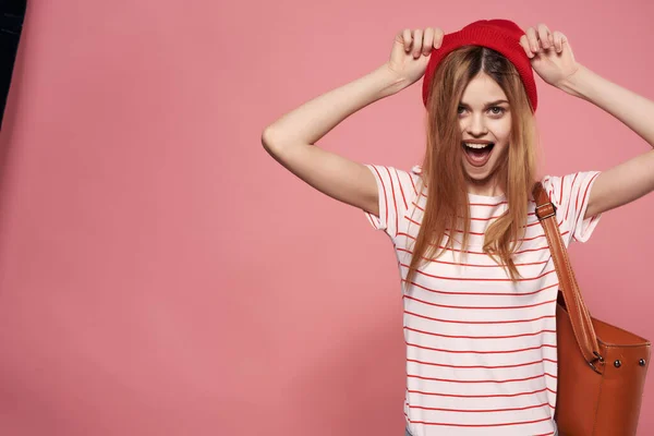 Cheerful Fashionable Woman Wearing Stylish Clothes Posing Pink Background High — Stock Photo, Image