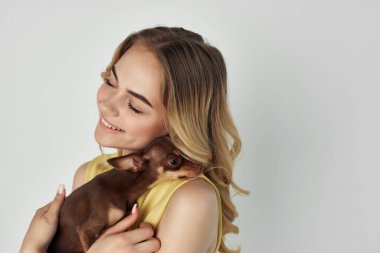 Kadın modaya uygun safkan köpek soyutlanmış arka plan