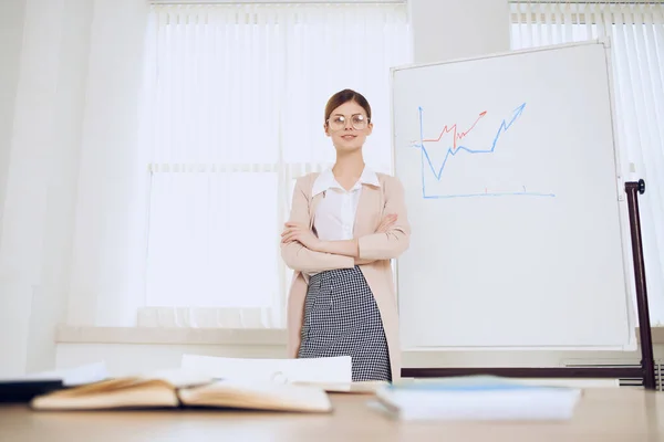 Mujer de negocios en oficina horario de trabajo presentación — Foto de Stock