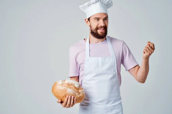 Padeiro Emocional Avental Branco Com Pão — Fotografia de Stock