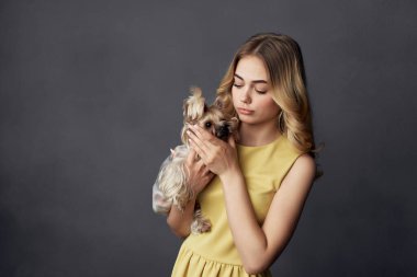 Sarı elbiseli küçük safkan köpek Stüdyosu koyu arkaplanı olan bir kadın.