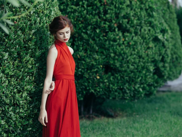 Mooie Vrouw Rode Jurk Tuin Poseren Hoge Kwaliteit Foto — Stockfoto