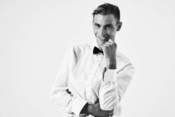 Handsome man elegant style white shirt bow tie fashion — Stock Photo, Image