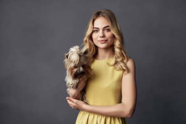 Sarı elbiseli küçük safkan köpek Stüdyosu koyu arkaplanı olan bir kadın.