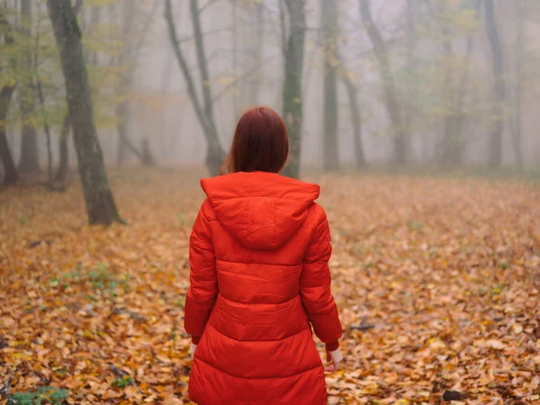 Femme en veste rouge automne feuilles arbres marcher brouillard — Photo