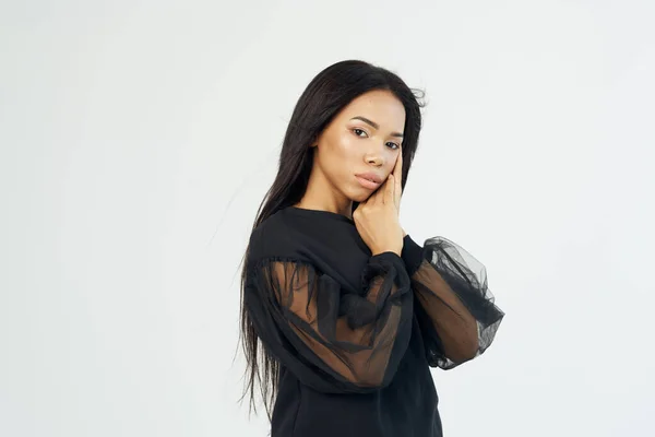 Pretty woman dark long hair posing cropped view of model — Stock Photo, Image