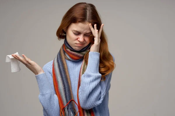 Sick woman neck scarf cold handkerchief isolated background — Stock Photo, Image