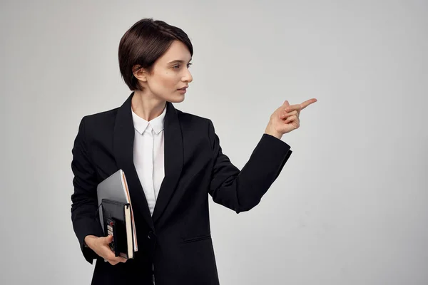 Business woman in black jacket emotions professional