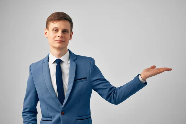 Cheerful business man gesturing with hands success manager office work — Stock Photo, Image