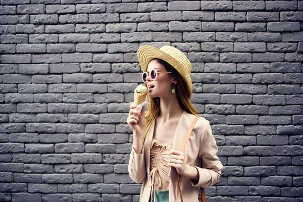 beautiful woman outdoor walk eat ice cream walk travel fun