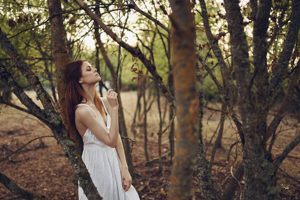 Woman in white dress leaning on a tree forest walk leisure. High quality photo