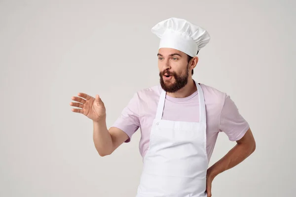 Chef Masculino Emocional Gesto Avental Branco — Fotografia de Stock