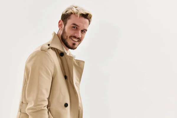 Smiling Man Beige Coat Posing Studio High Quality Photo — Stock Photo, Image