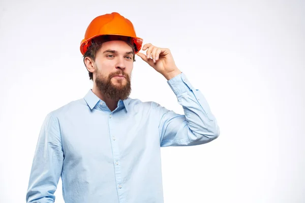 Man Shirt Orange Helmet Engineer High Quality Photo — Stock Photo, Image