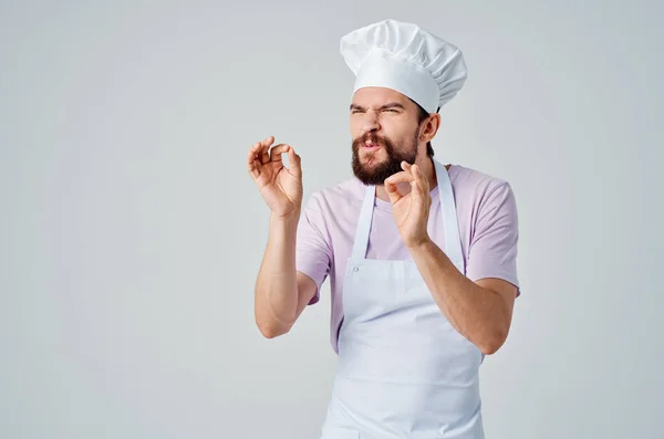 Maschio chef in uniforme walkie-talkie professionale ristorante luce sfondo — Foto Stock