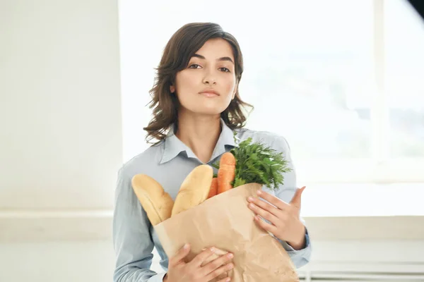 woman family shirts package with groceries healthy food homework
