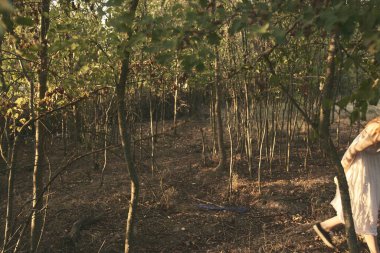 Beyaz elbiseli kadın yaz mevsiminde temiz hava alır.