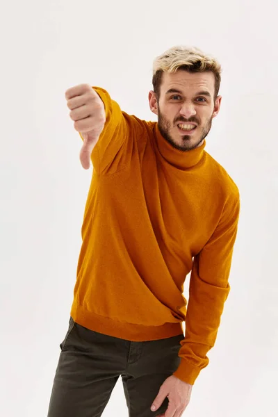 Man gesturing with hand emotion displeasure lifestyle studio — Stock Photo, Image