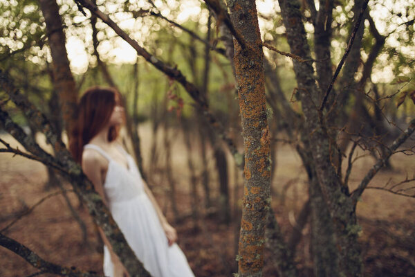 Pretty woman in white dress leaning against a tree summer walk. High quality photo