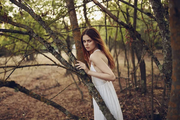 Mulher Floresta Verão Vestido Branco Posando — Fotografia de Stock