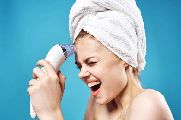 Woman Towel Head Cleaning Face Skin Blue Background High Quality — Stock Photo, Image